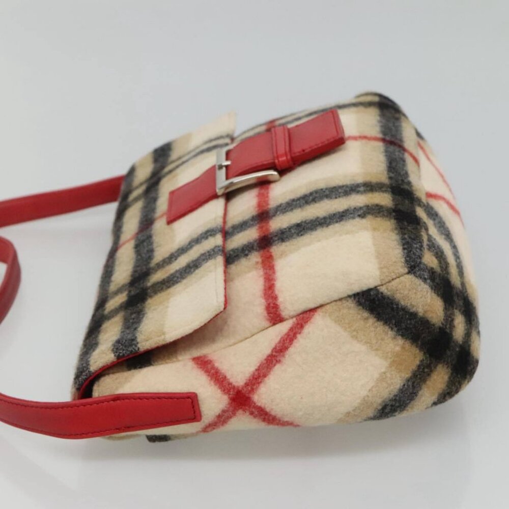 Burberrys Nova Check Blue Label Shoulder Bag Wool Beige Red Silver Auth - Picture 4 of 16